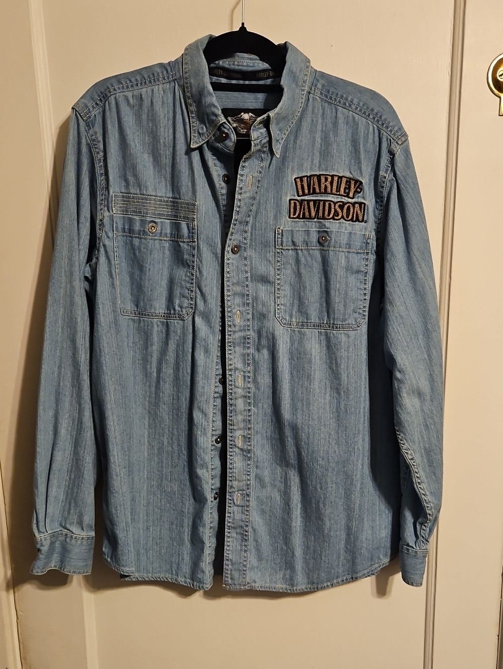 Harley-Davidson Light Blue Denim Button-Up Shirt with Logo Patch